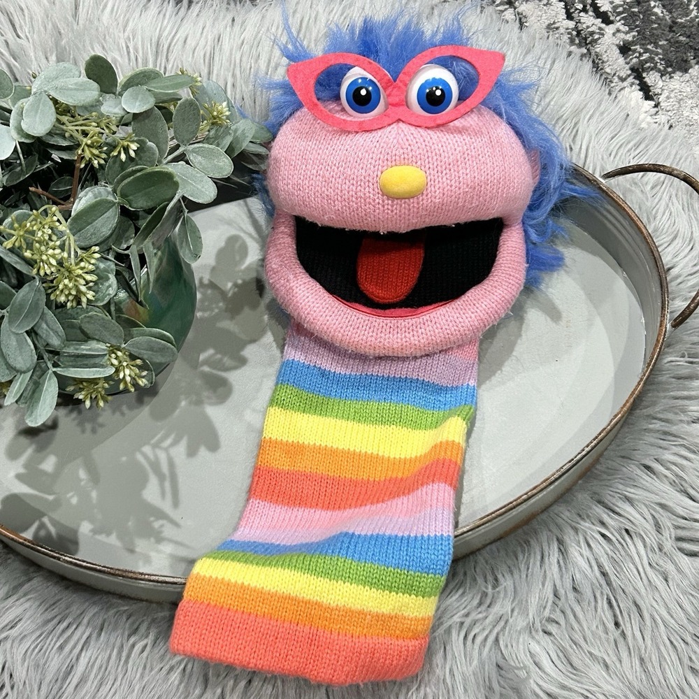 Gloria Rainbow Knit Hand Puppet Plush The Puppet Company 15" Glasses Blue Hair